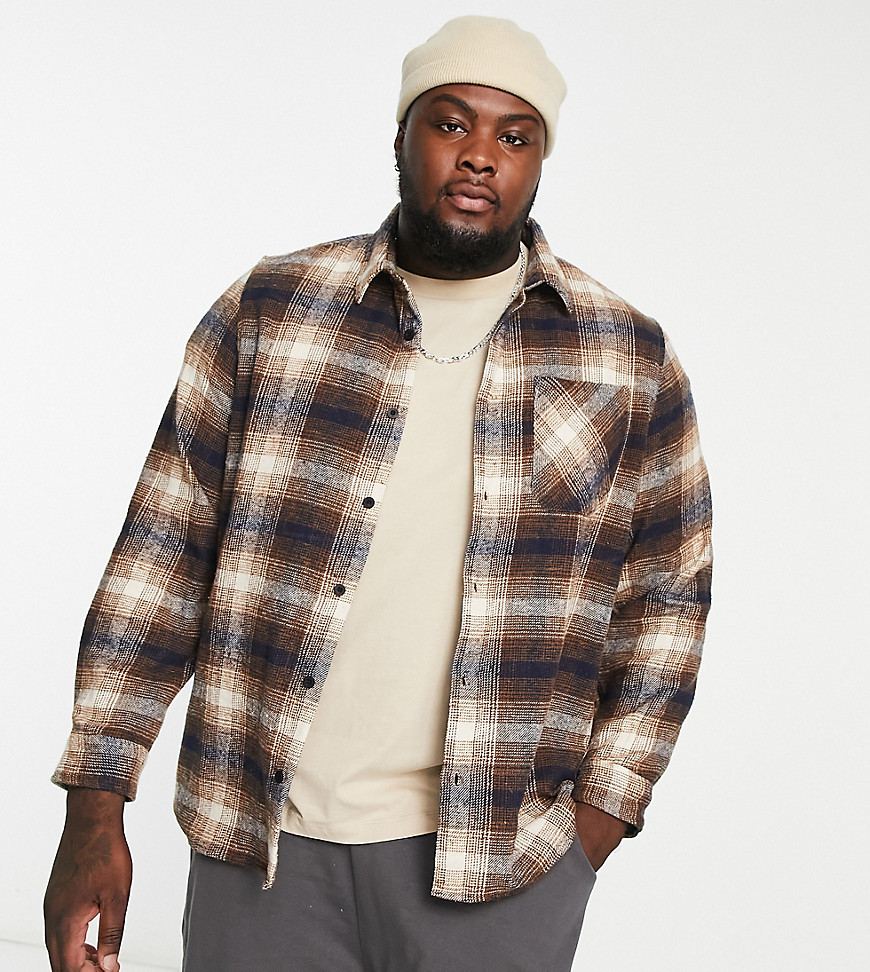 Threadbare Plus checked overshirt in light brown and navy