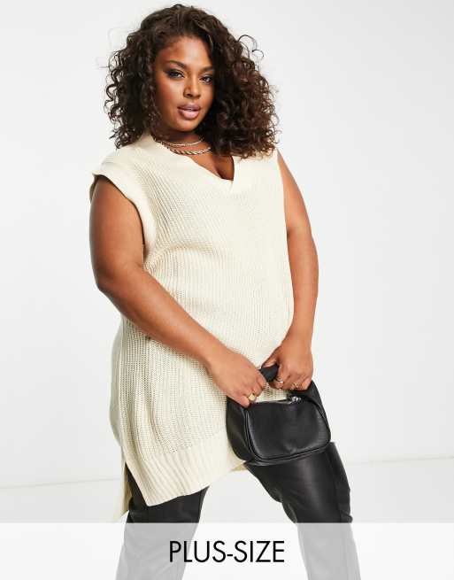 Threadbare Plus - Chestnut - Gebreide spencer met V-hals in stone