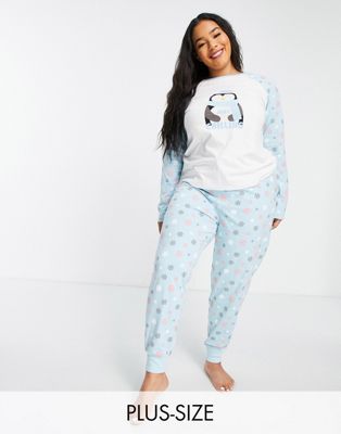 Threadbare Plus christmas chilly penguin long pyjamas in pale blue