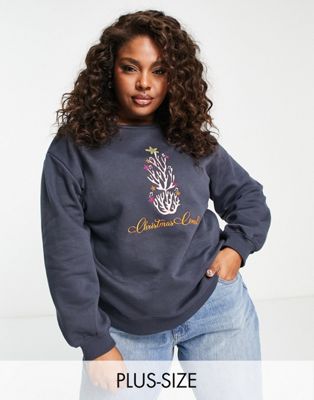 Threadbare Plus Christmas embroidered sweater in navy