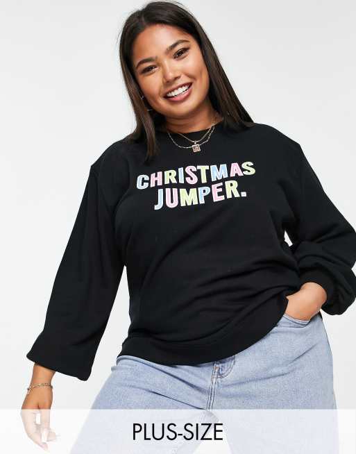 Threadbare Plus Christmas multicolored printed sweater in black