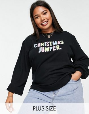 Threadbare Plus Christmas multicoloured printed sweater in black