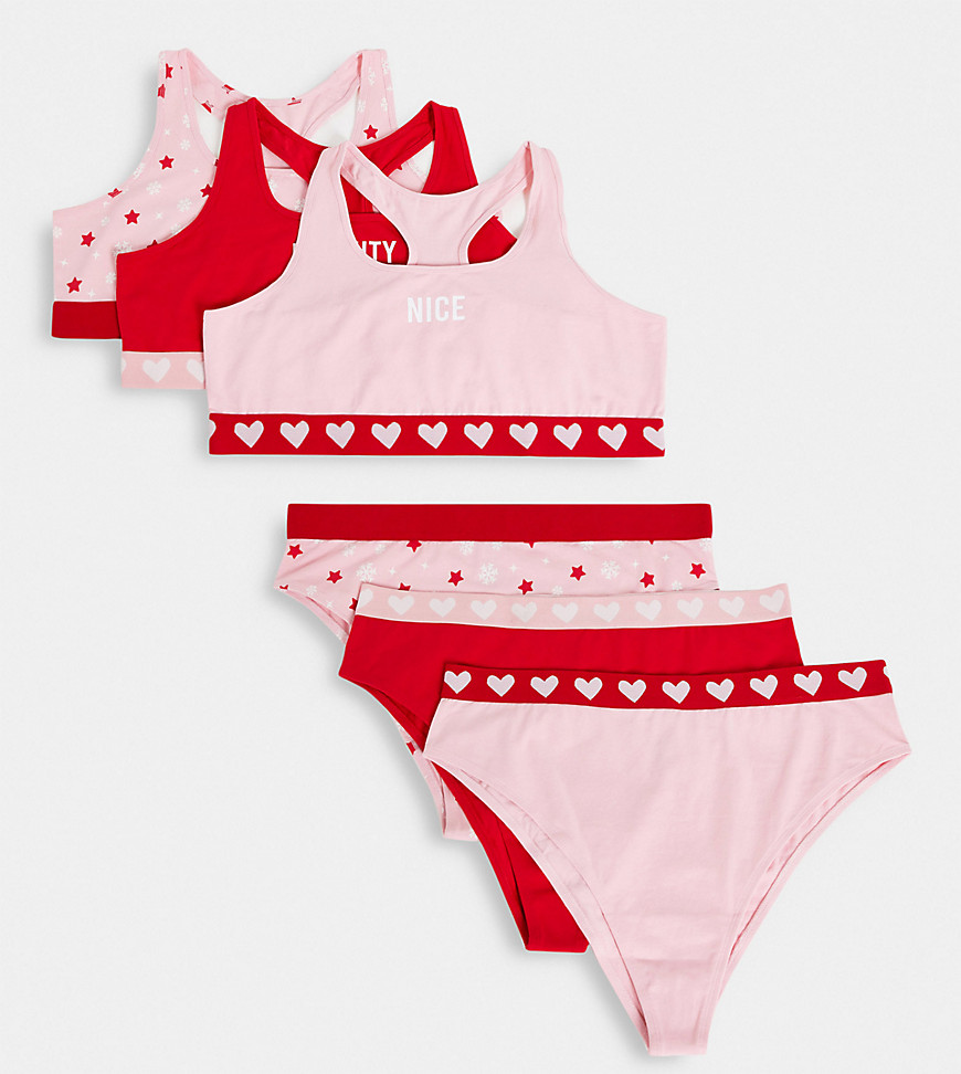 Threadbare Plus Christmas naughty and nice 3 pack lingerie sets in red and pink