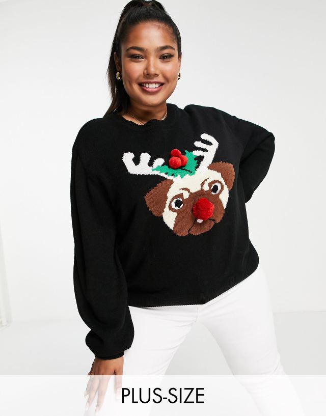 Threadbare Plus Christmas pug sweater in black