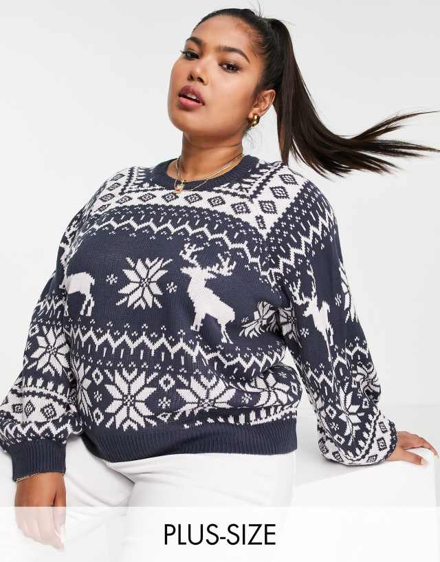 Threadbare Plus Christmas reindeer fairisle sweater in navy