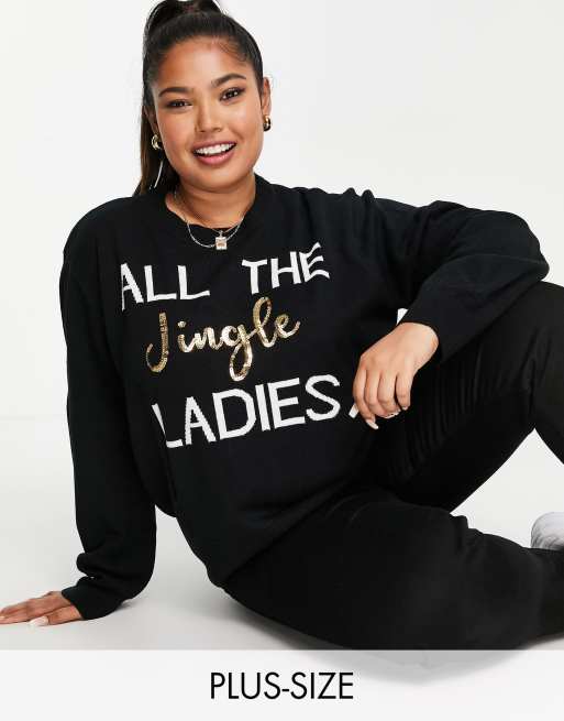 Threadbare Plus Christmas sequin slogan jumper in black ASOS