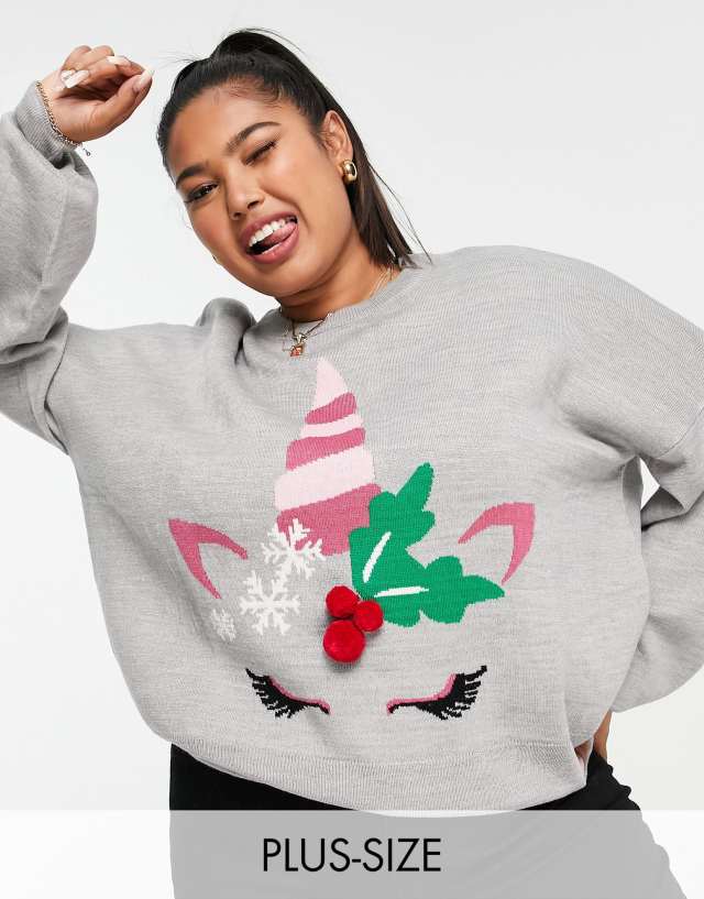 Threadbare Plus Christmas unicorn sweater in gray