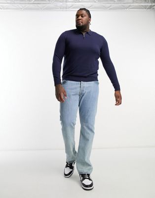 Threadbare Plus cotton 1/4 zip long sleeve knitted polo in navy