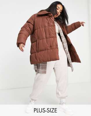 Threadbare Plus Dorota double breasted puffer jacket with shawl neck in mid brown - ASOS Price Checker