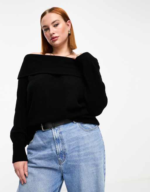 Threadbare Plus Ella off shoulder jumper in black ASOS