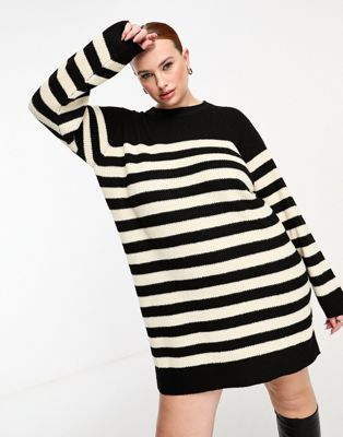 Threadbare Plus Evie midi jumper dress in black and white stripe