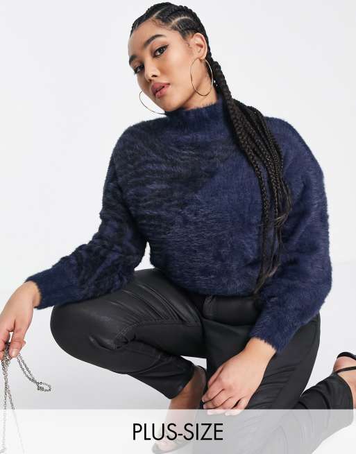 Threadbare Plus – Fay – Marinblå tröja med hög krage och kontrasterande djurmönster