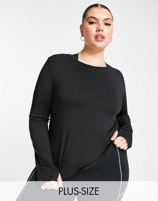 Threadbare Plus - Fitness - Top a maniche lunghe da running con foro per il pollice nero
