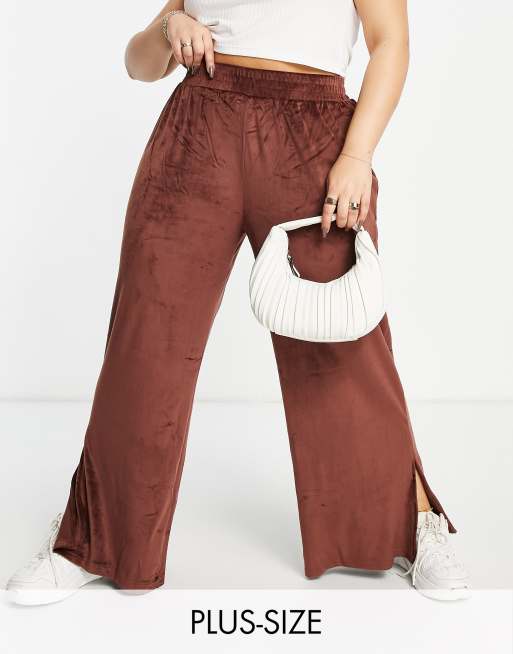 Threadbare Plus Florida velour straight leg joggers with side split in chocolate brown