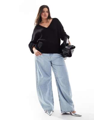 Threadbare Plus fluffy v-neck slouchy jumper in black ASOS