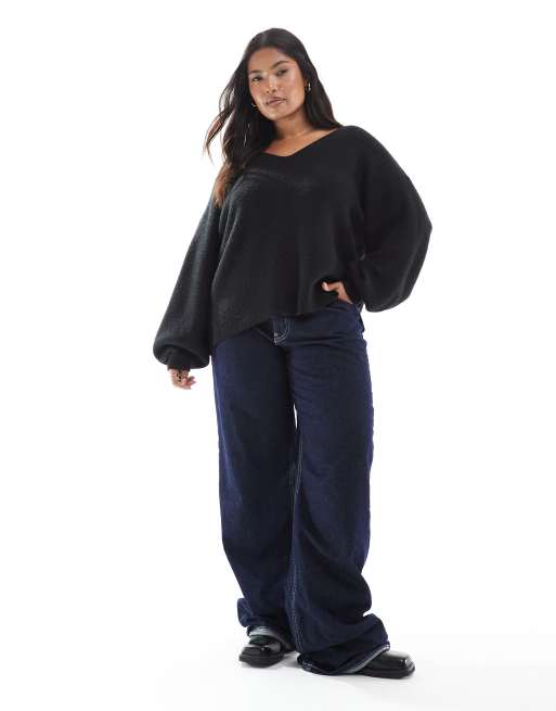Threadbare Plus fluffy v-neck slouchy jumper in black, 2 of 4