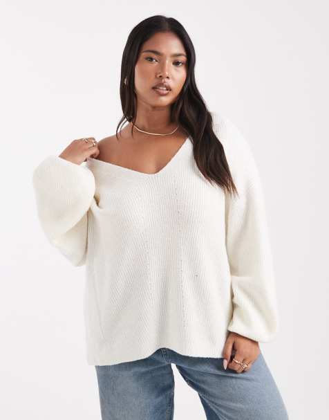 Threadbare Plus fluffy v-neck slouchy jumper in off white - view 1