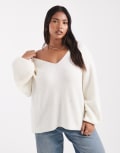 [Threadbare] Threadbare Plus fluffy v-neck slouchy jumper in off white 50 Off White