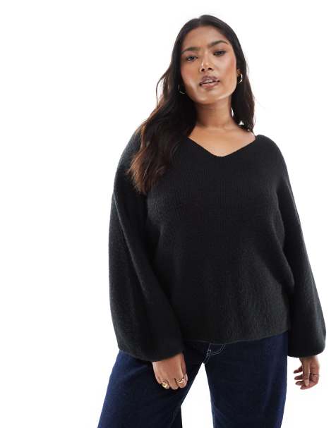 Threadbare Plus fluffy v-neck slouchy sweater in black - view 1
