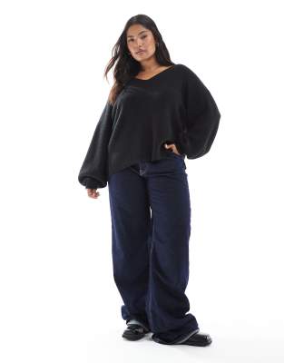 Threadbare Plus Fluffy V-neck Slouchy Sweater In Black