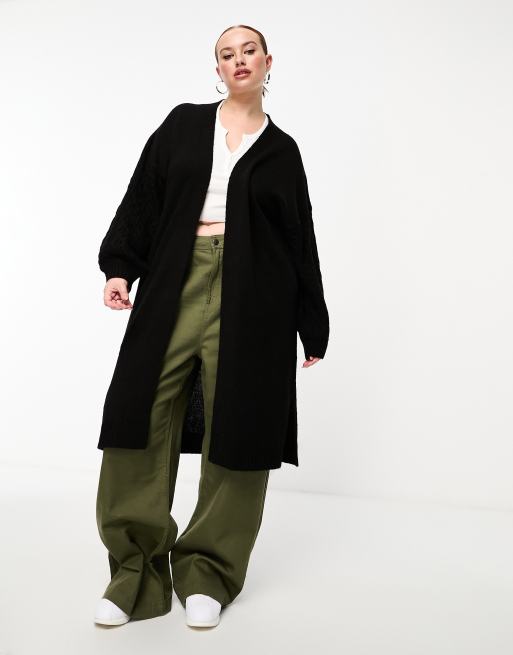 Threadbare Plus - Garnet - Sort kabelstrikket lang cardigan