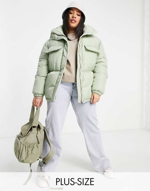 Threadbare Plus Gemma cinched waist hooded puffer coat in sage green