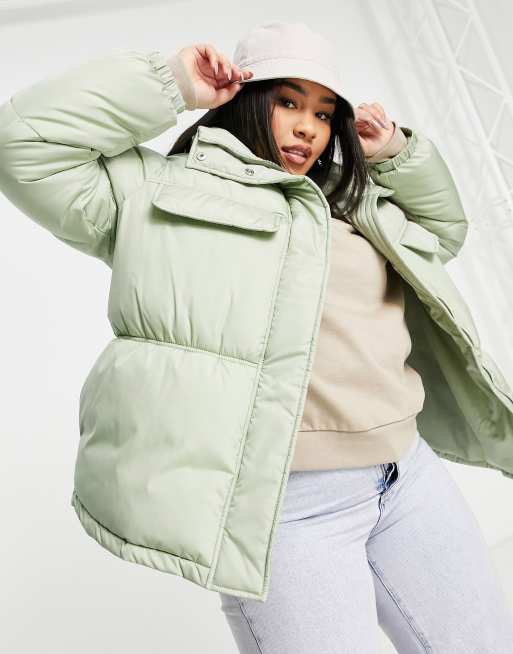 Threadbare Plus Gemma cinched waist hooded puffer coat in sage green