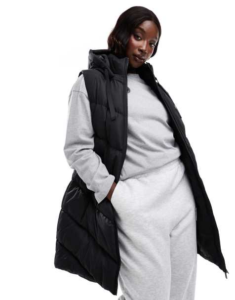 Threadbare Plus - Gilet taglio lungo imbottito con cappuccio nero - view 1