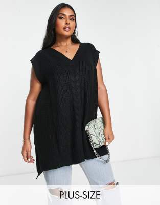 Threadbare Plus Goldenroad cable knitted vest in black - ASOS Price Checker