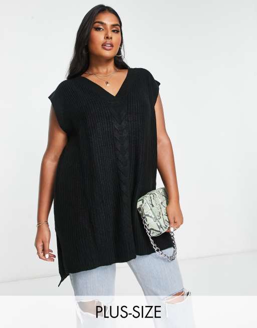 Threadbare Plus - Goldenroad - Canotta in maglia a trecce nera