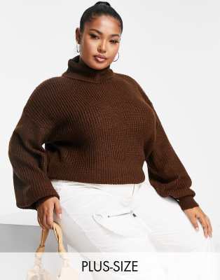 Threadbare Plus Grace roll neck jumper in chocolate brown