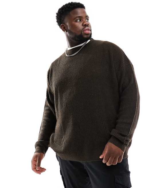 Threadbare Plus heavy waffle stitch jumper in dark oak | ASOS