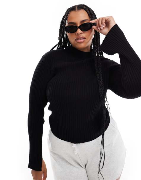 Threadbare Plus high neck split sleeve jumper in black - view 1
