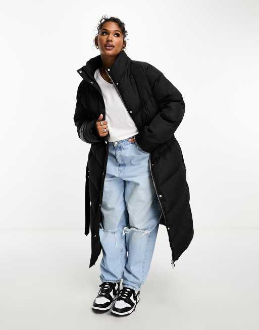 Threadbare Plus Holly belted waist maxi puffer coat in black