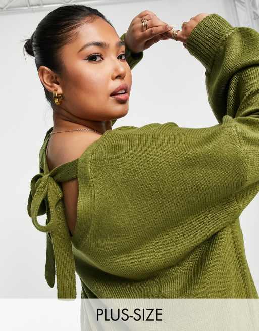 Threadbare Plus – Hope – Oversize-Pullover in Olivgrün mit Bindeband hinten