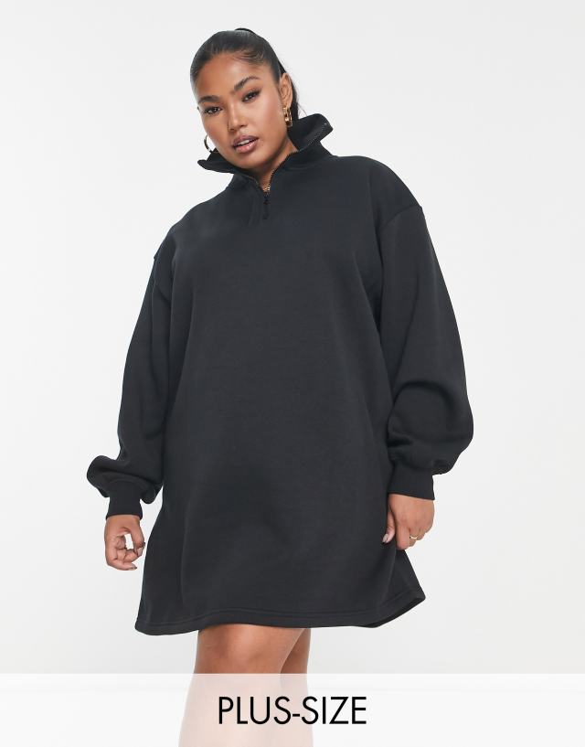 Threadbare Plus Jenna half zip mini sweater dress in black