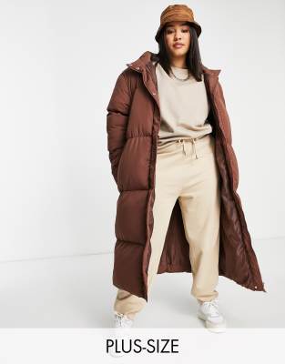 Threadbare Plus Jodie maxi puffer jacket in chocolate