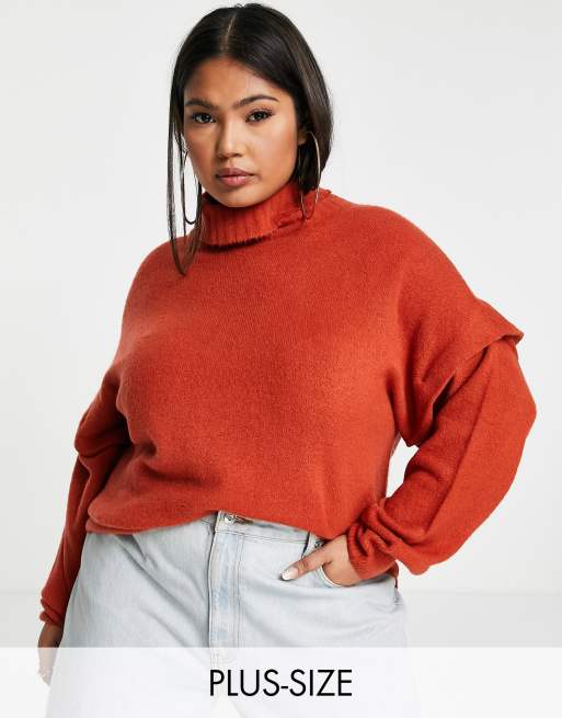 Threadbare Plus Josephine roll neck frill sleeve jumper in ginger spice ASOS