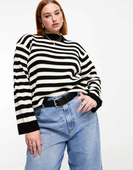 Threadbare Plus Kinsley high neck oversized jumper in monochrome stripe