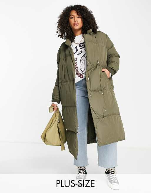 Threadbare Plus Kiwi oversized duvet maxi coat in khaki | ASOS