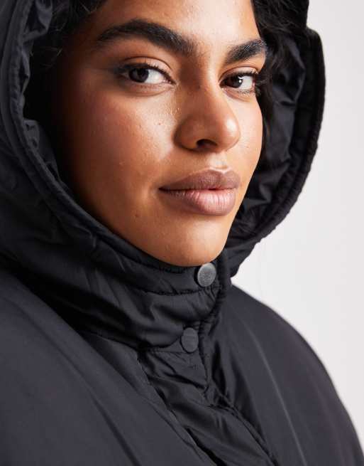 Threadbare Plus – Langer Steppmantel in Schwarz mit Kapuze, 3 von 4