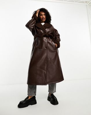 Threadbare Plus Lois longline aviator coat with borg trims in chocolate brown - ASOS Price Checker