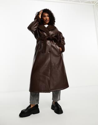 Threadbare Plus Lois longline aviator coat with borg trims in chocolate brown