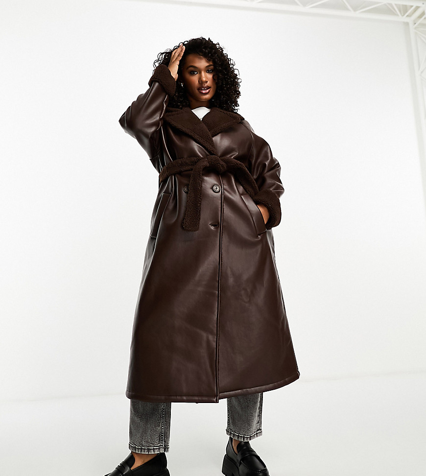 Threadbare Plus Lois longline aviator coat with borg trims in chocolate brown