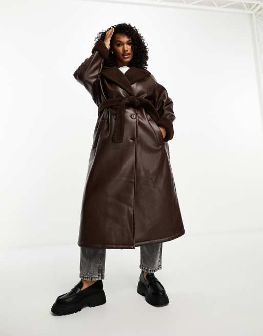 Threadbare Plus Lois longline aviator coat with borg trims in chocolate  brown