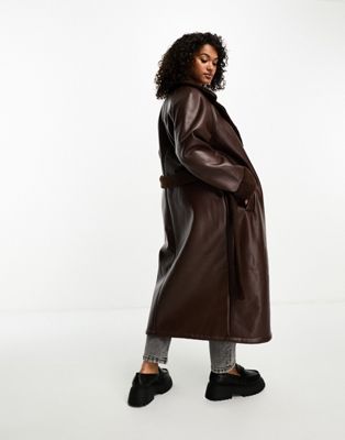 Threadbare Plus Lois longline aviator coat with borg trims in chocolate  brown