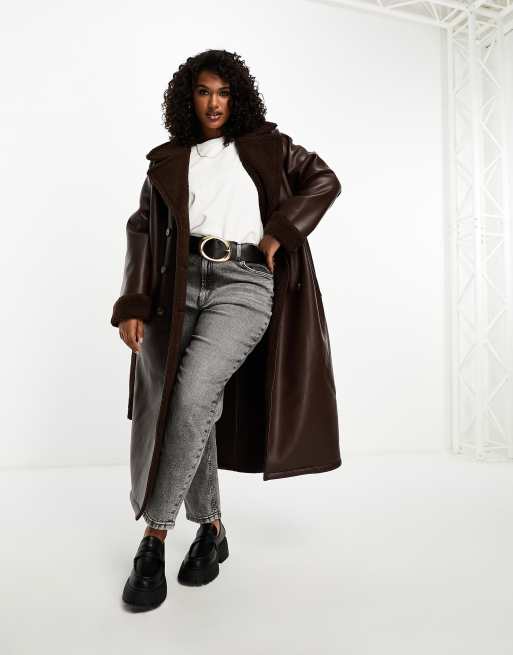 Threadbare Plus Lois longline aviator coat with borg trims in chocolate  brown