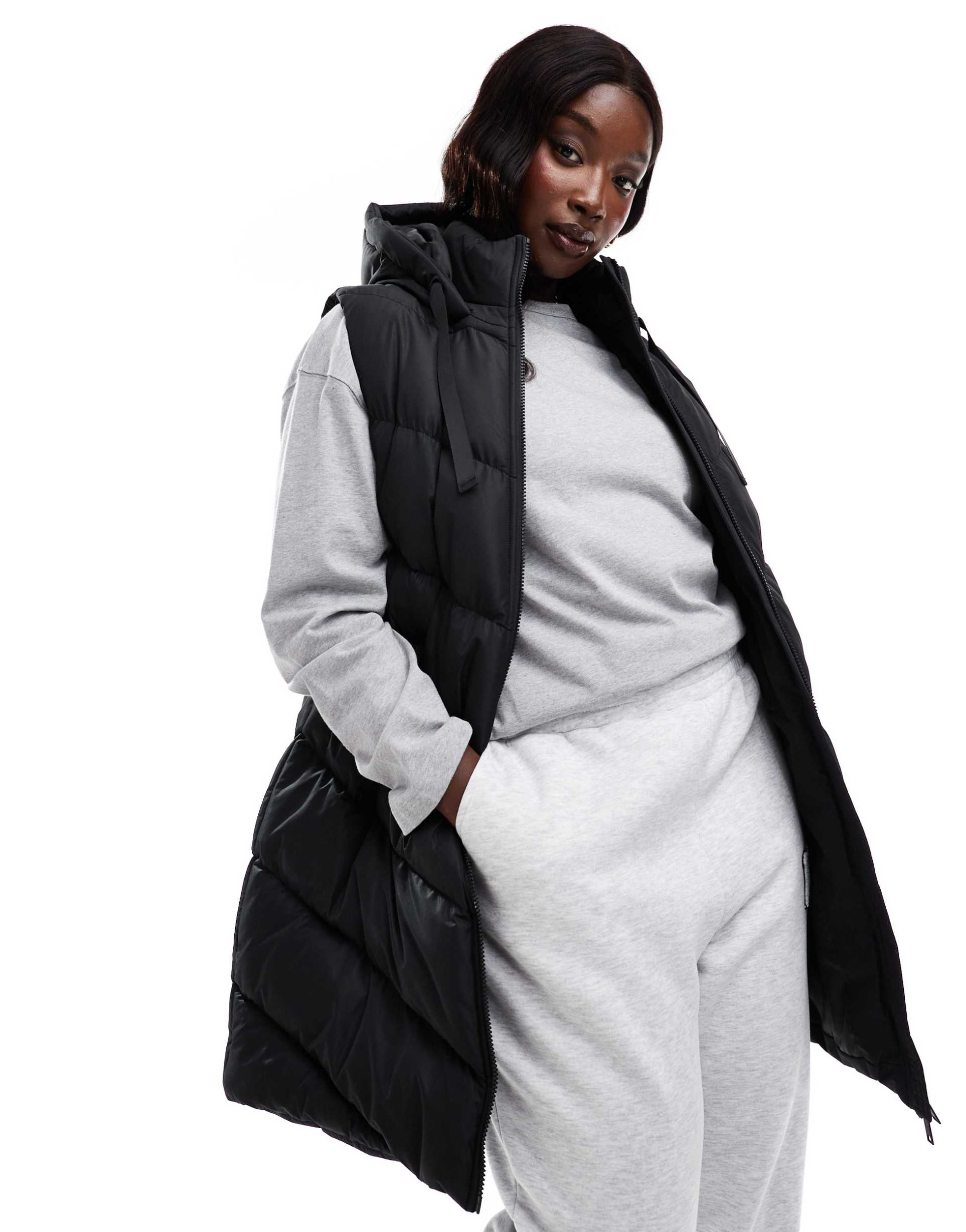 threadbare plus longline padded vest with hood in black