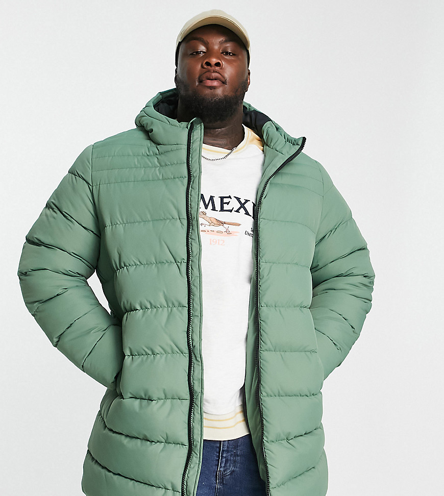 Threadbare Longline Puffer Jacket With Hood In Pale Green