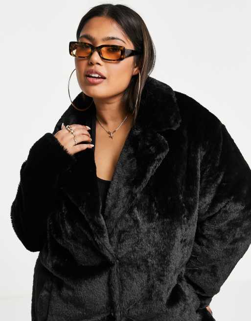 Threadbare Plus Mae faux fur coat in black ASOS